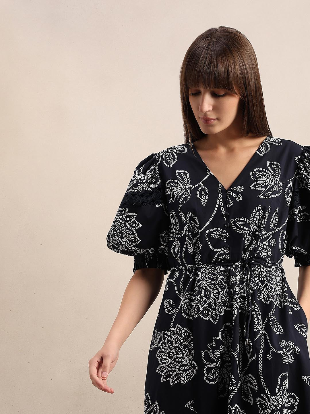 Navy Blue Printed Midi Dress