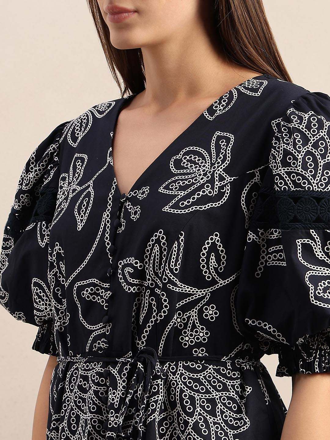 Navy Blue Printed Midi Dress