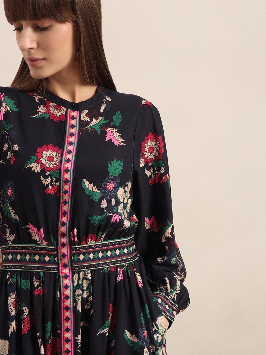 Navy Blue Printed Midaxi Dress