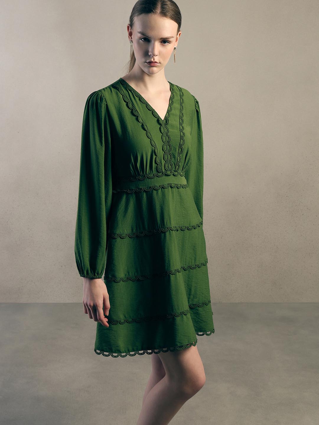 Green Lace Detail Mini Dress