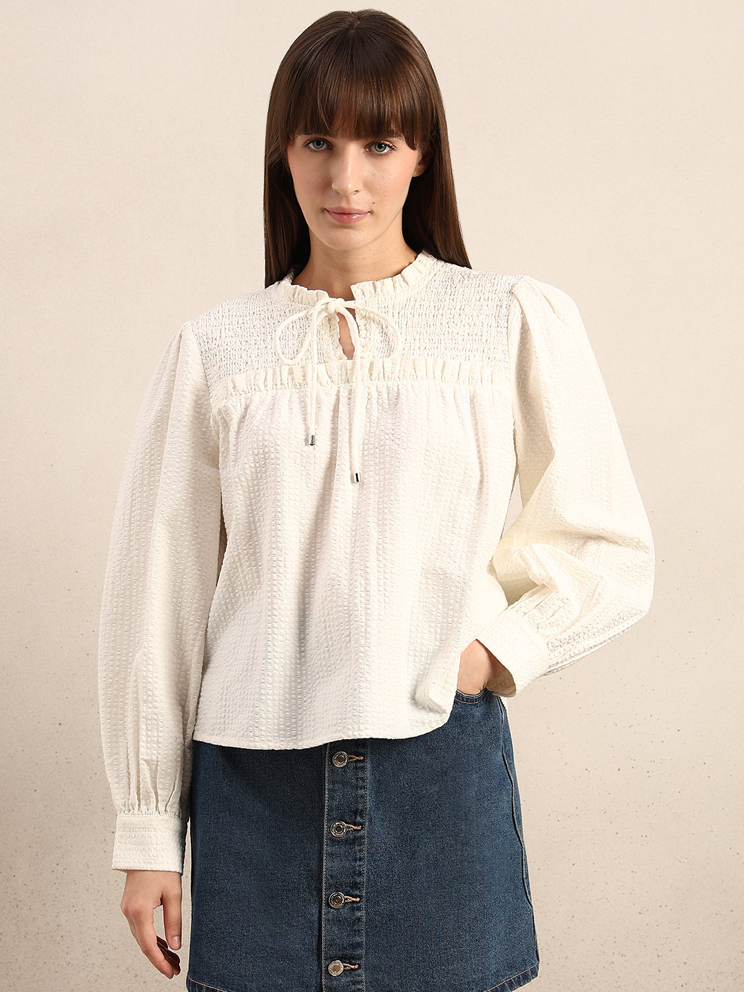 Smocked Long Sleeves Cotton Top
