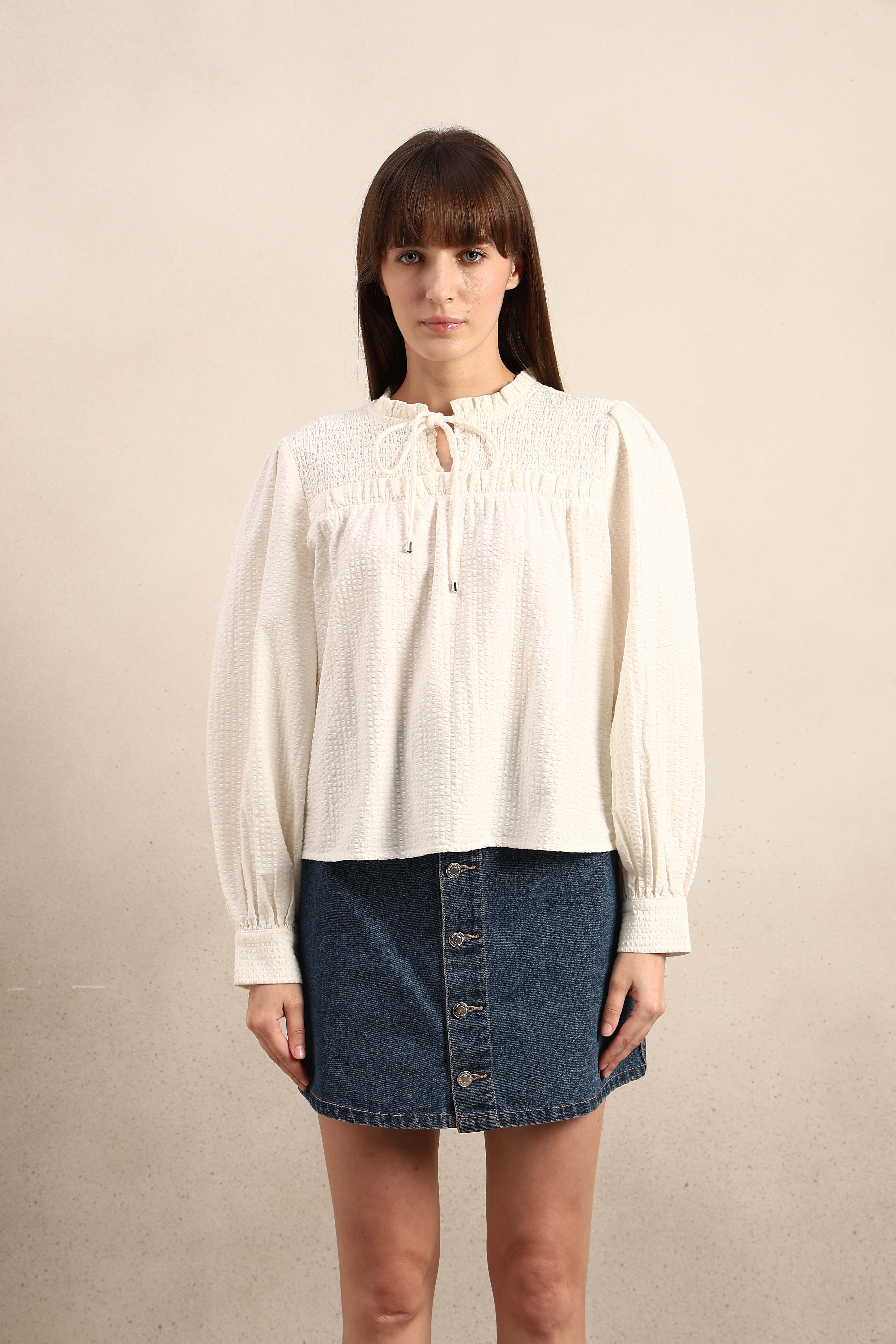 Smocked Long Sleeves Cotton Top