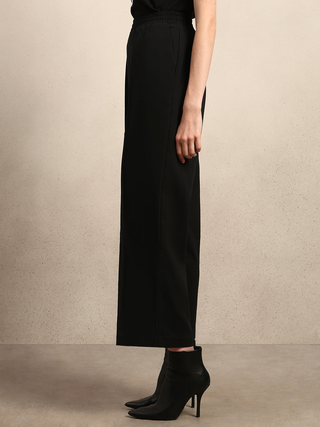 Wide Leg Elastic Waist Pants - Black