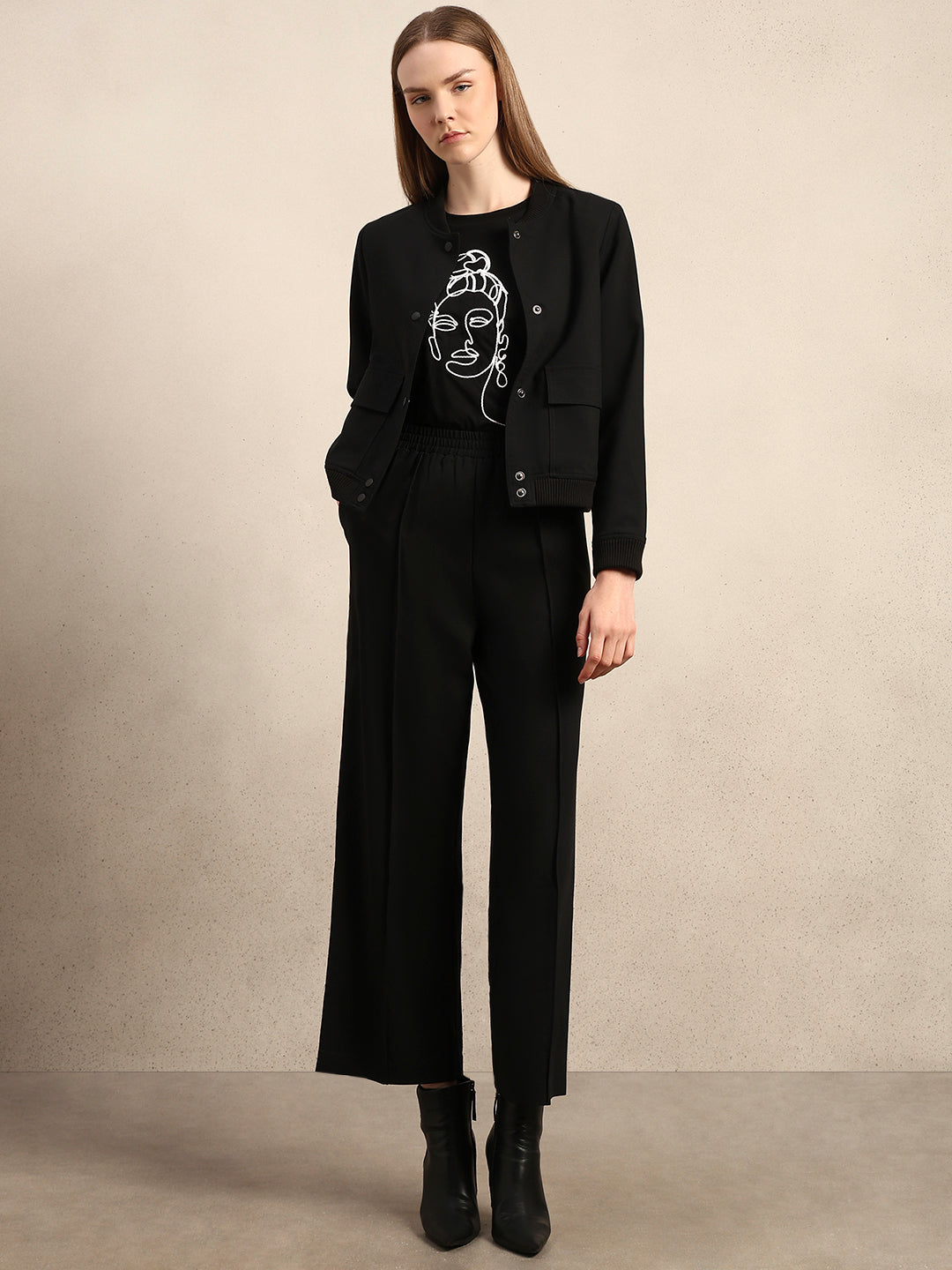 Wide Leg Elastic Waist Pants - Black