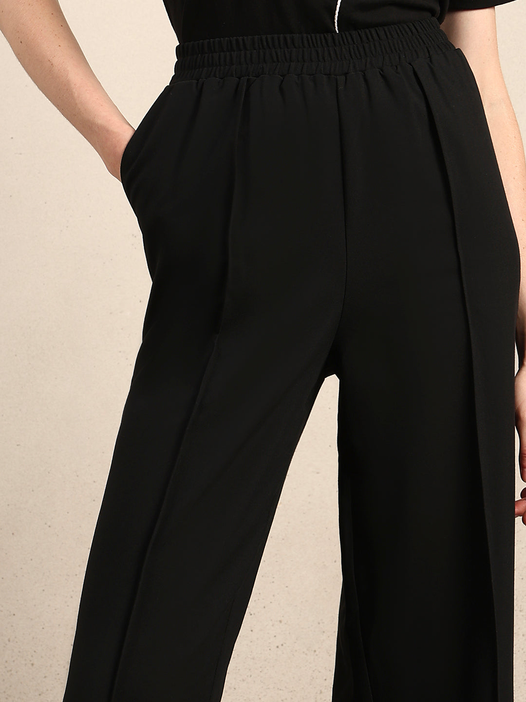 Wide Leg Elastic Waist Pants - Black