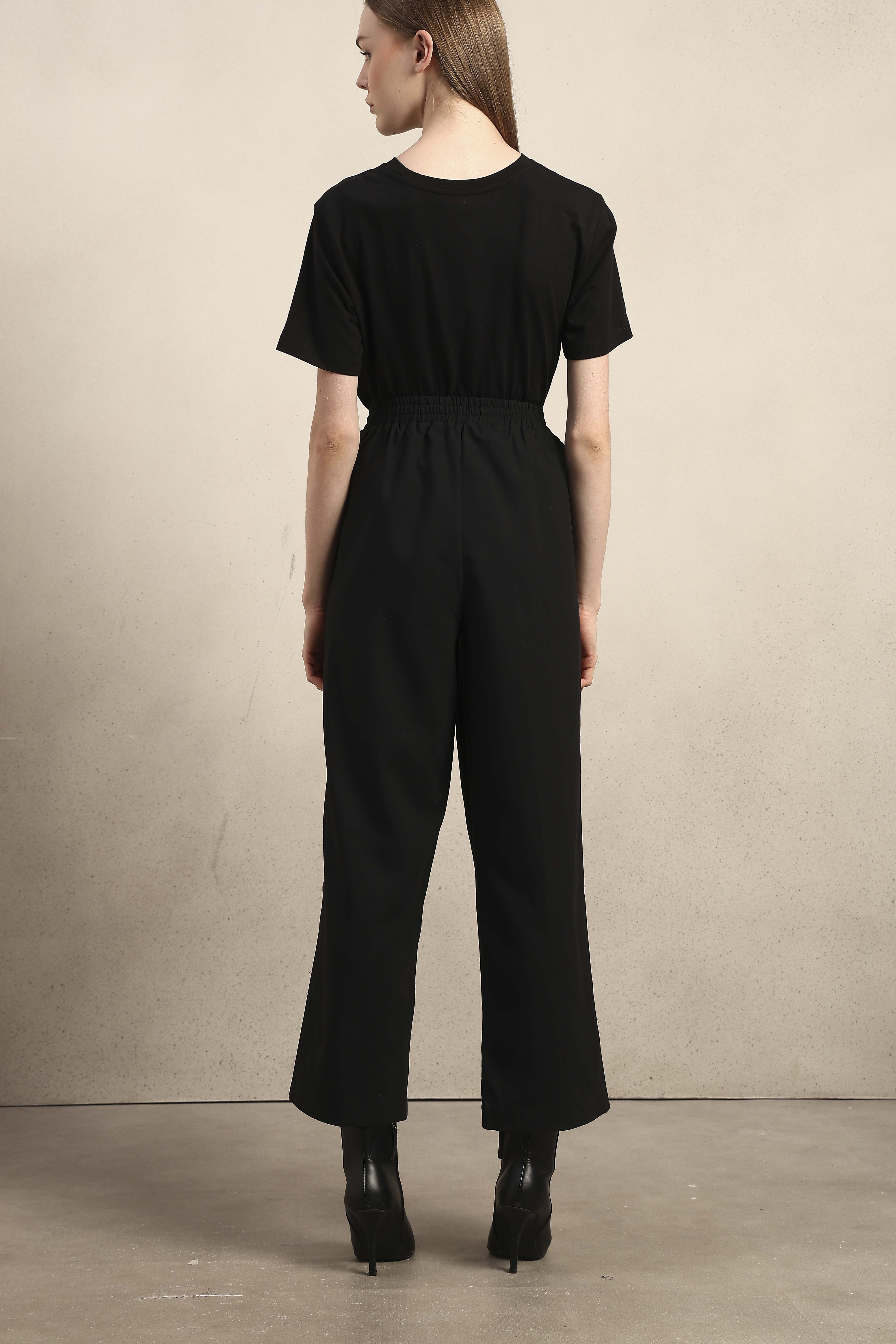 Wide Leg Elastic Waist Pants - Black