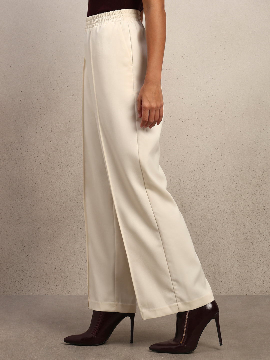 Wide Leg Elastic Waist Pants - Off-White