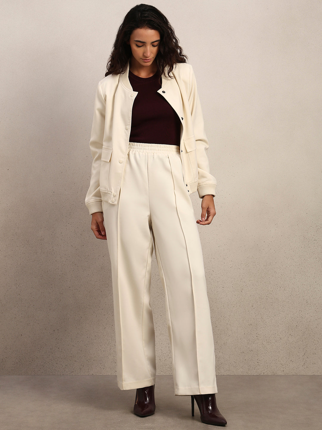 Wide Leg Elastic Waist Pants - Off-White