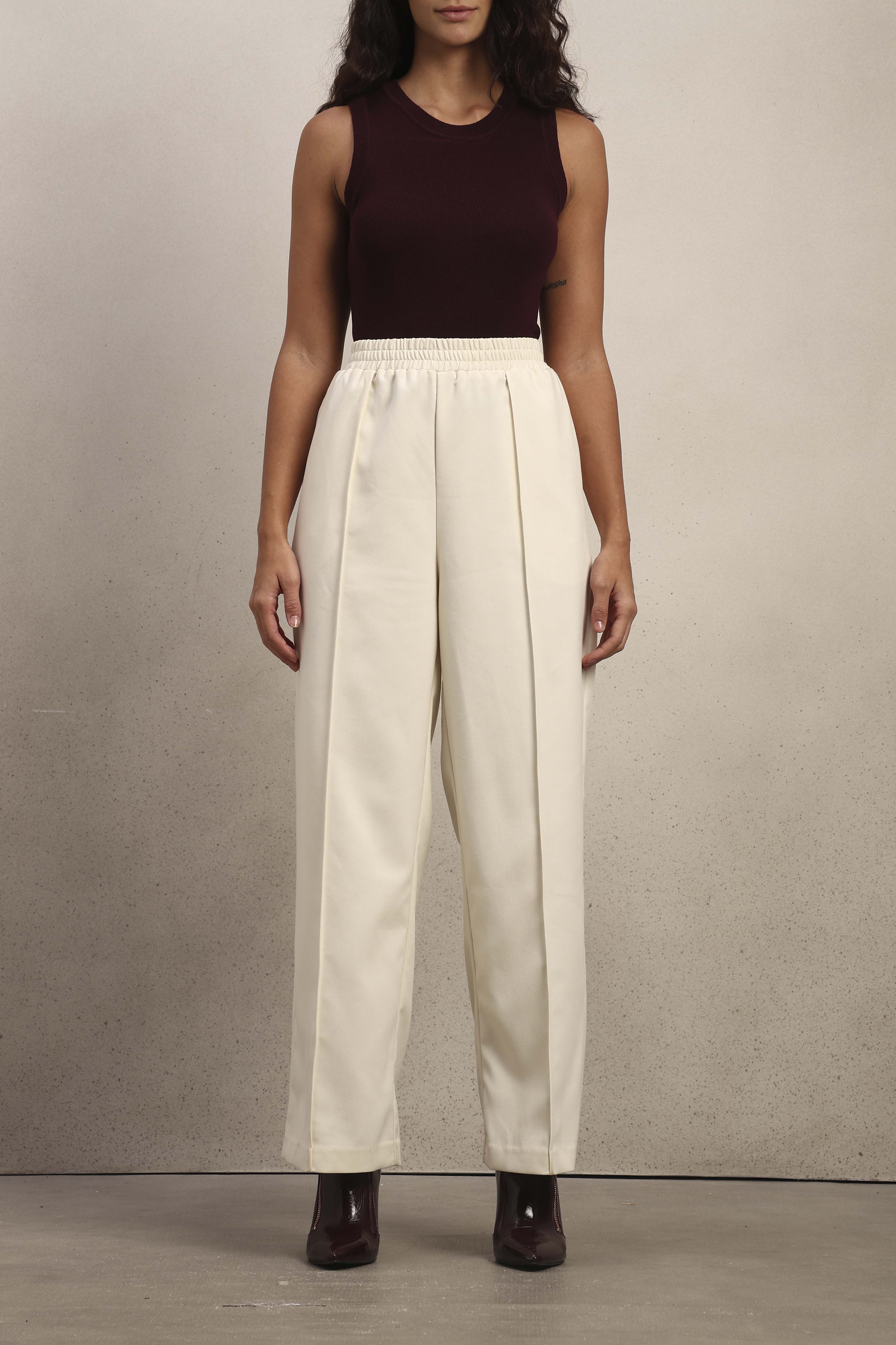 Wide Leg Elastic Waist Pants - Off-White