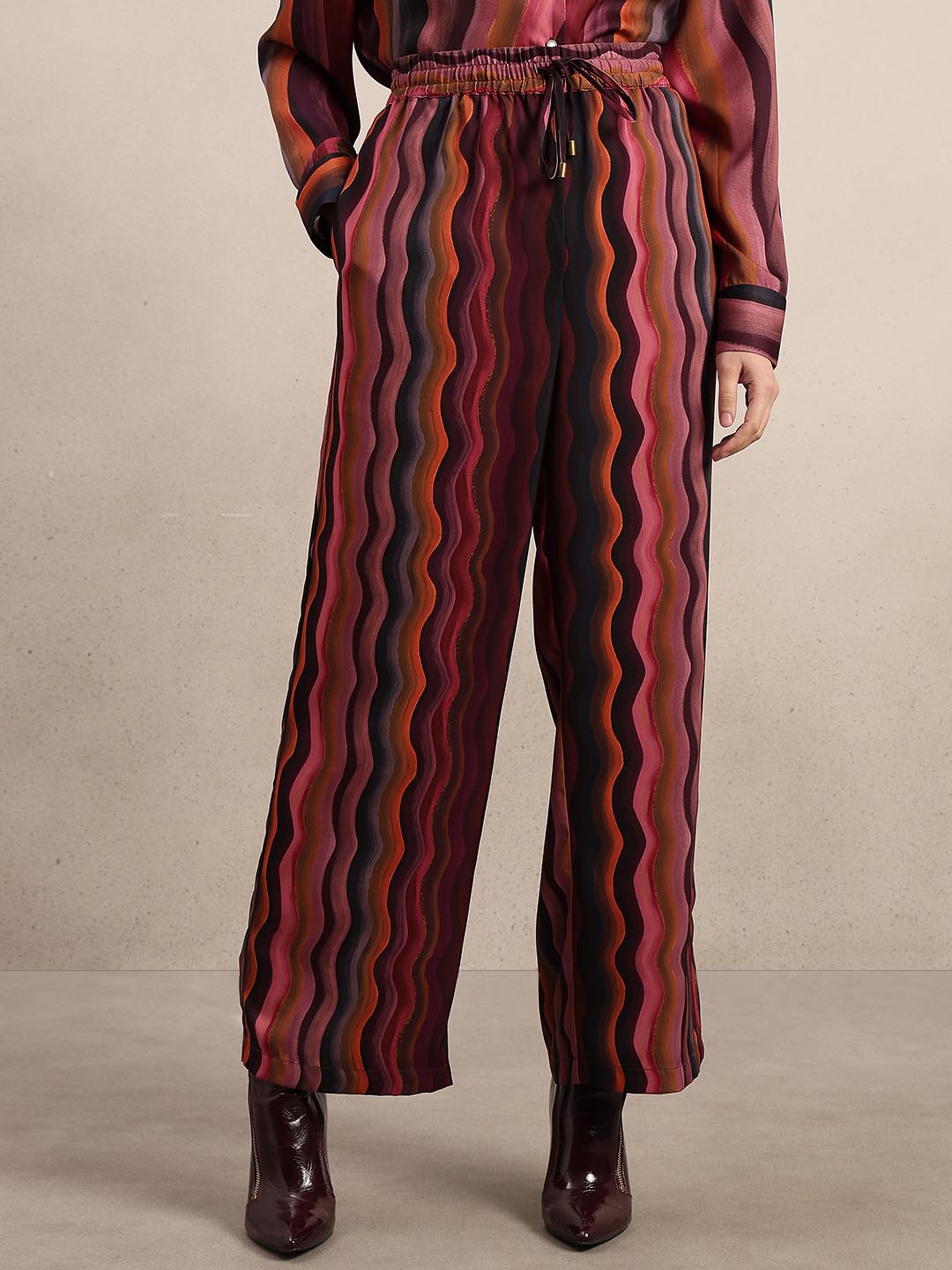 Maroon Printed Wide Leg Pants