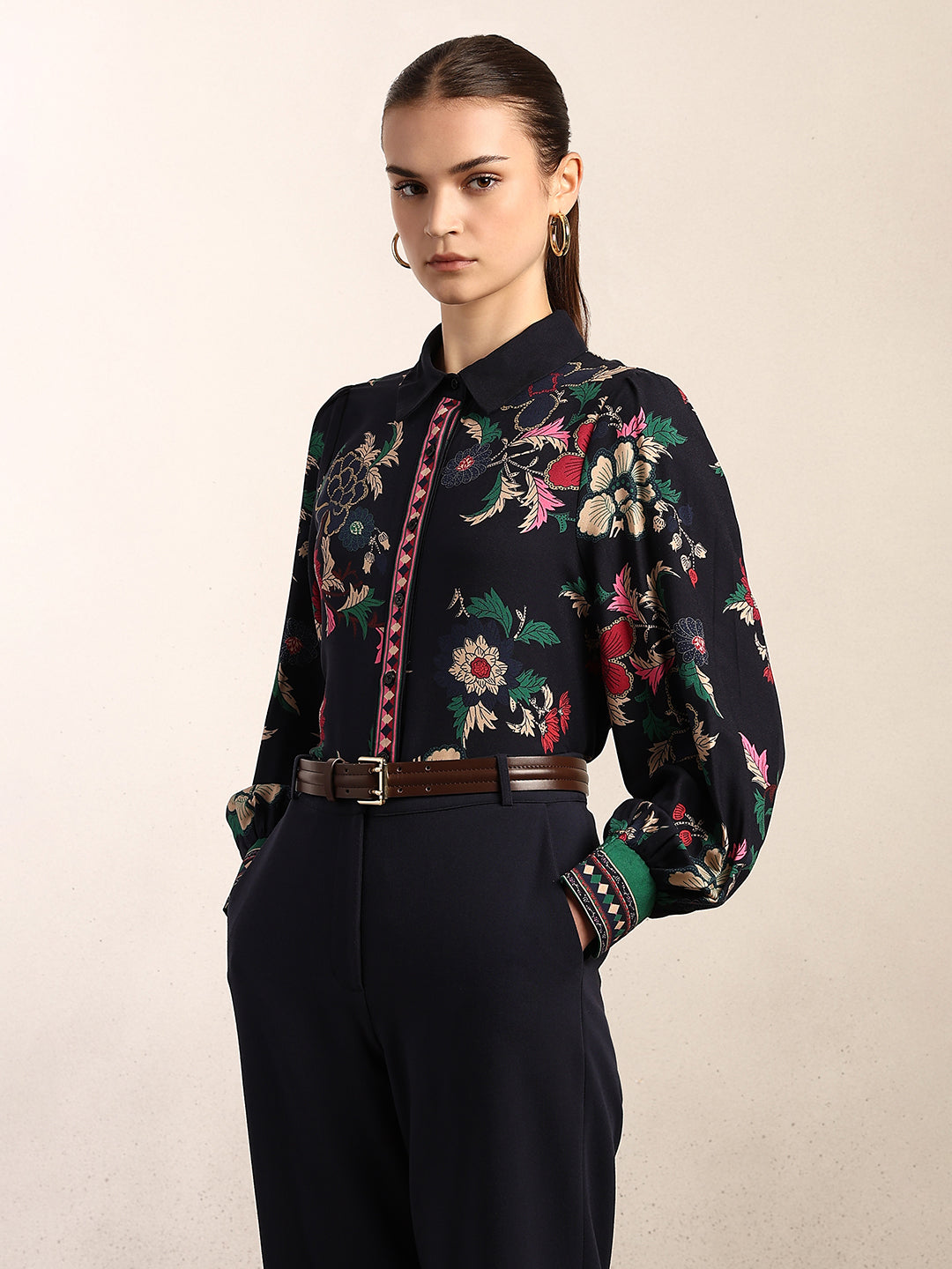 Printed Cuff Sleeves Viscose Shirt