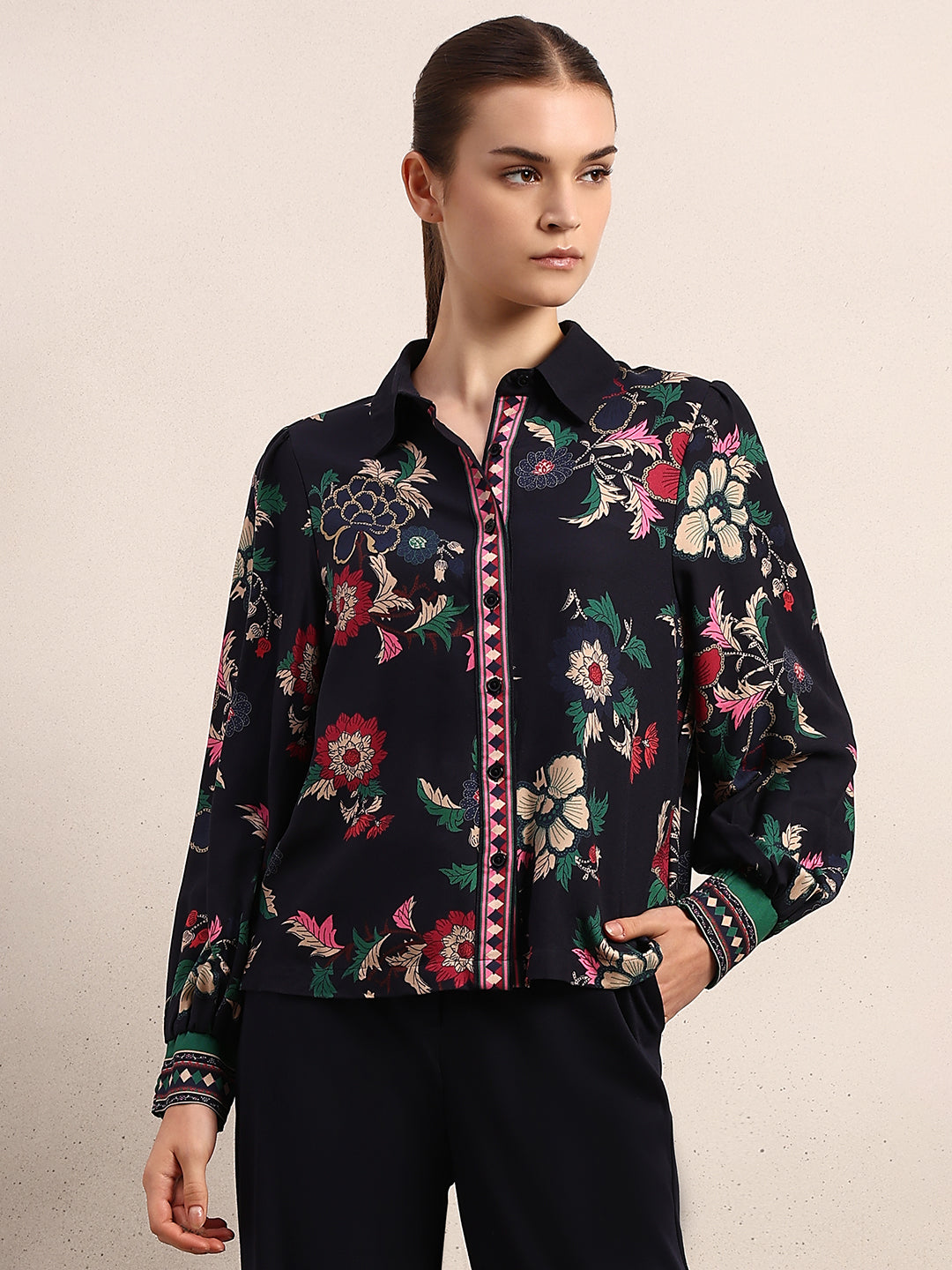 Printed Cuff Sleeves Viscose Shirt