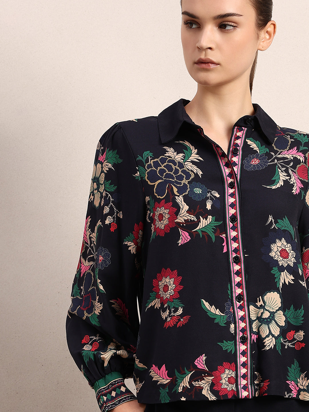 Printed Cuff Sleeves Viscose Shirt