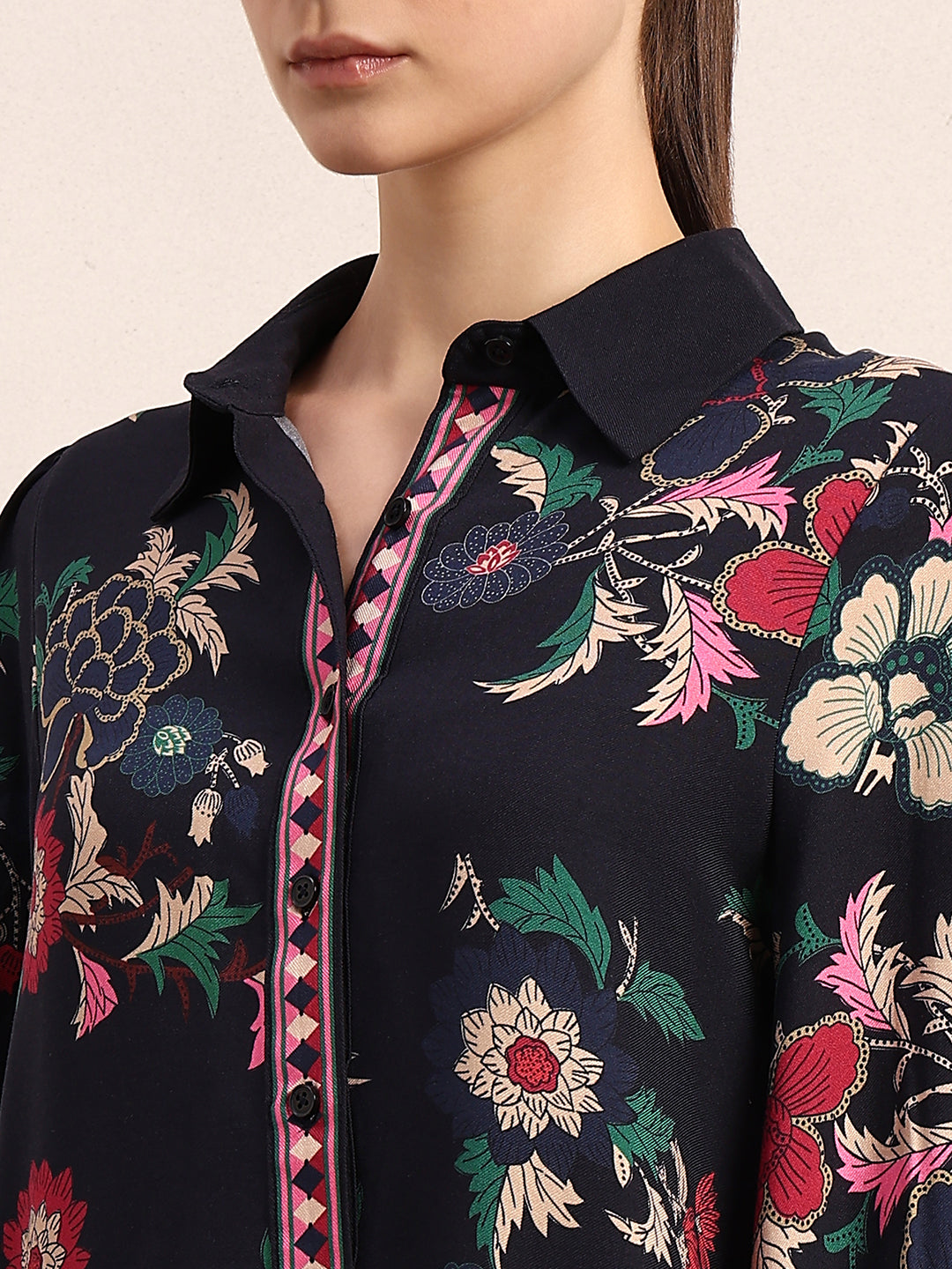 Printed Cuff Sleeves Viscose Shirt