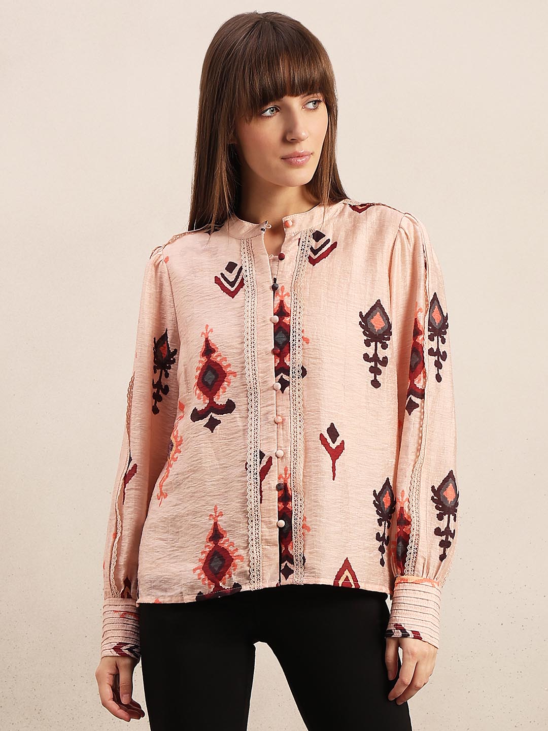 Pink Printed Lace Detail Shirt
