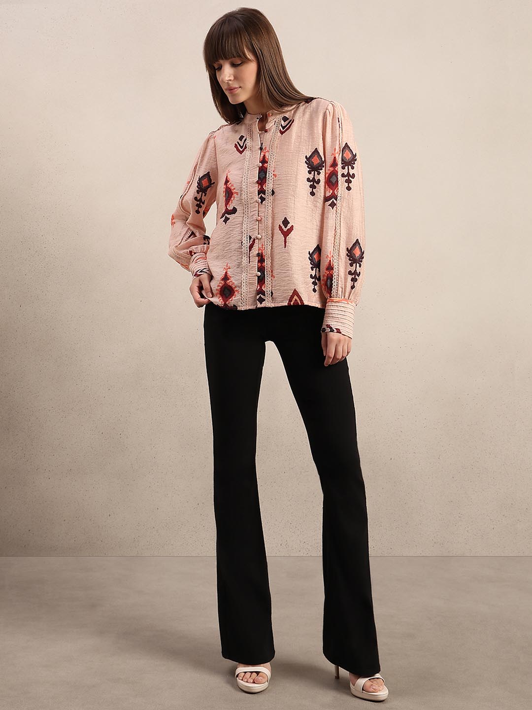Pink Printed Lace Detail Shirt