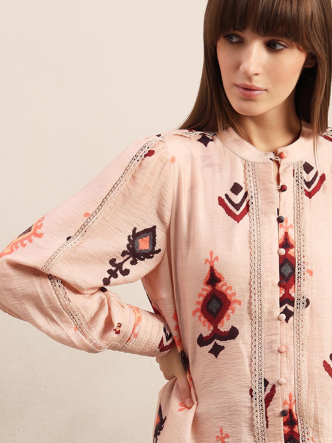 Pink Printed Lace Detail Shirt