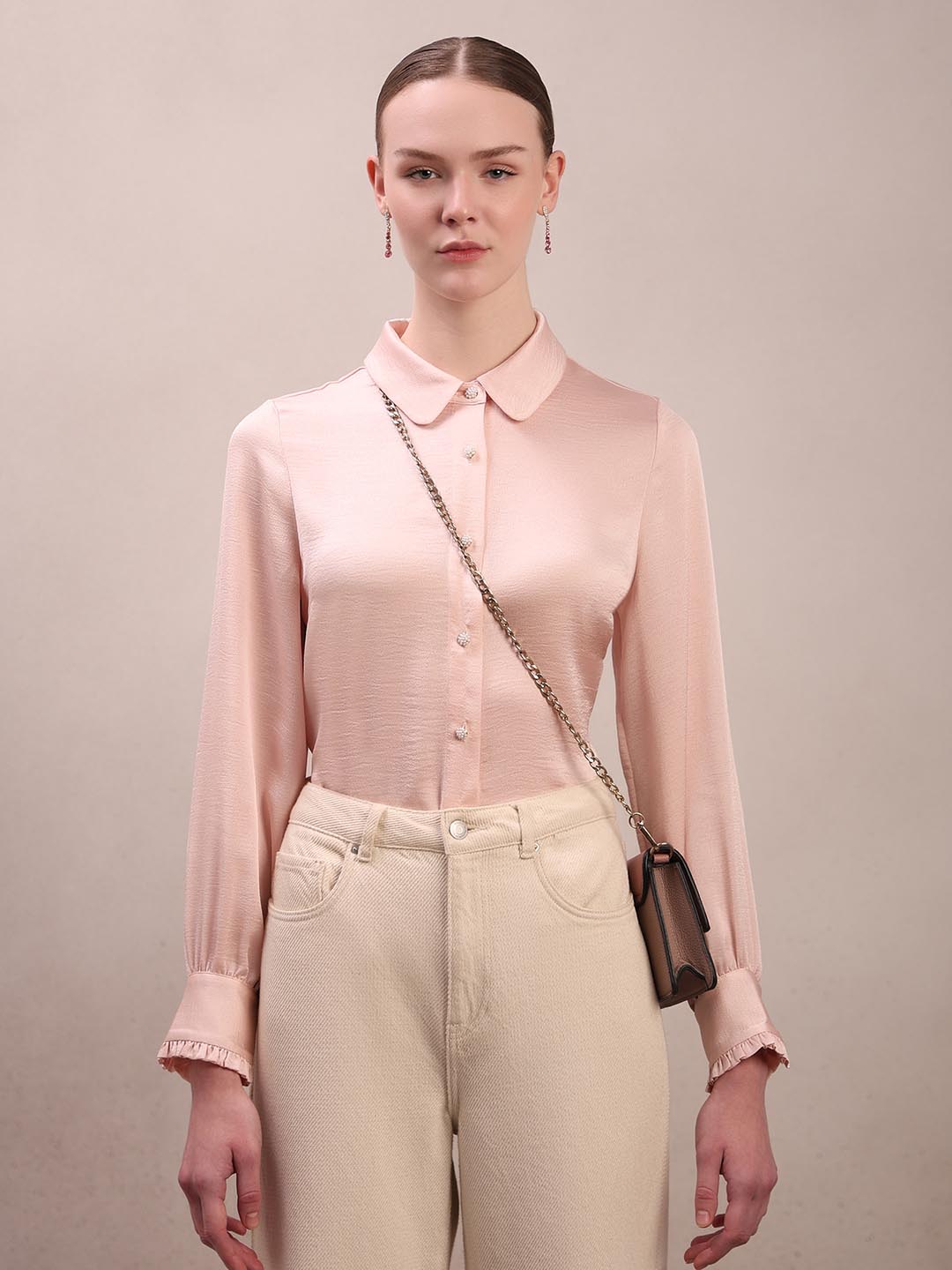 Pink Pearl Button Closure Satin Shirt