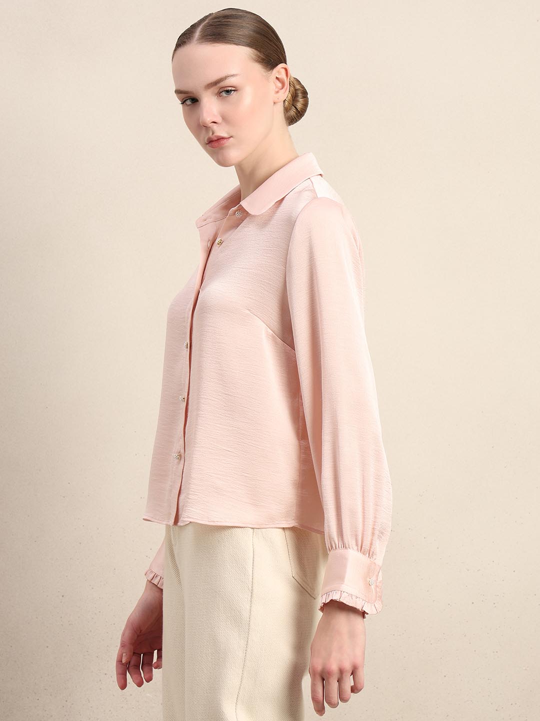 Pink Pearl Button Closure Satin Shirt