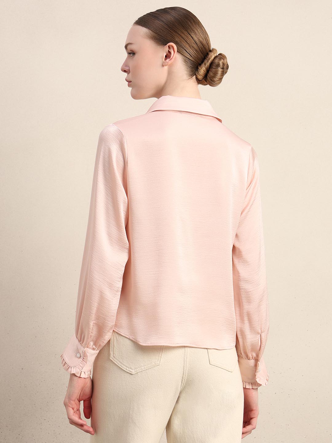 Pink Pearl Button Closure Satin Shirt