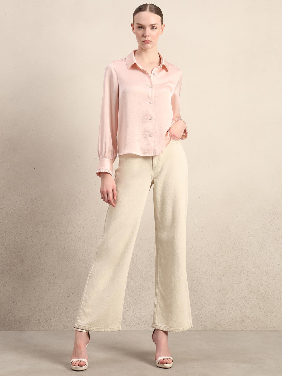 Pink Pearl Button Closure Satin Shirt