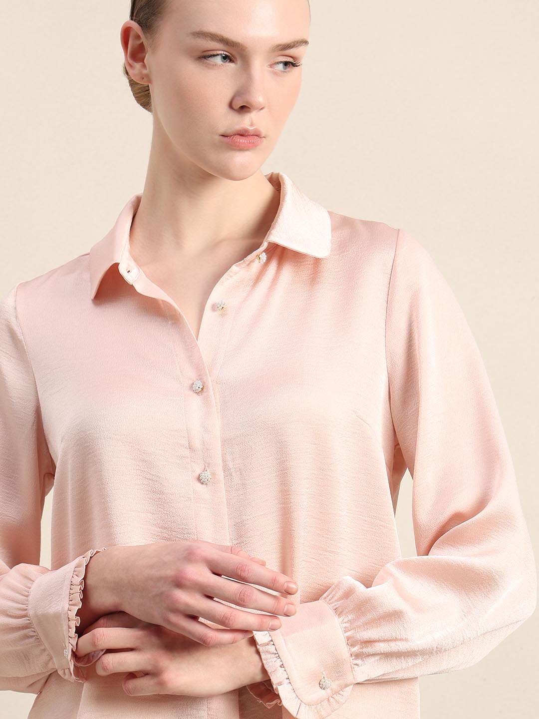 Pink Pearl Button Closure Satin Shirt