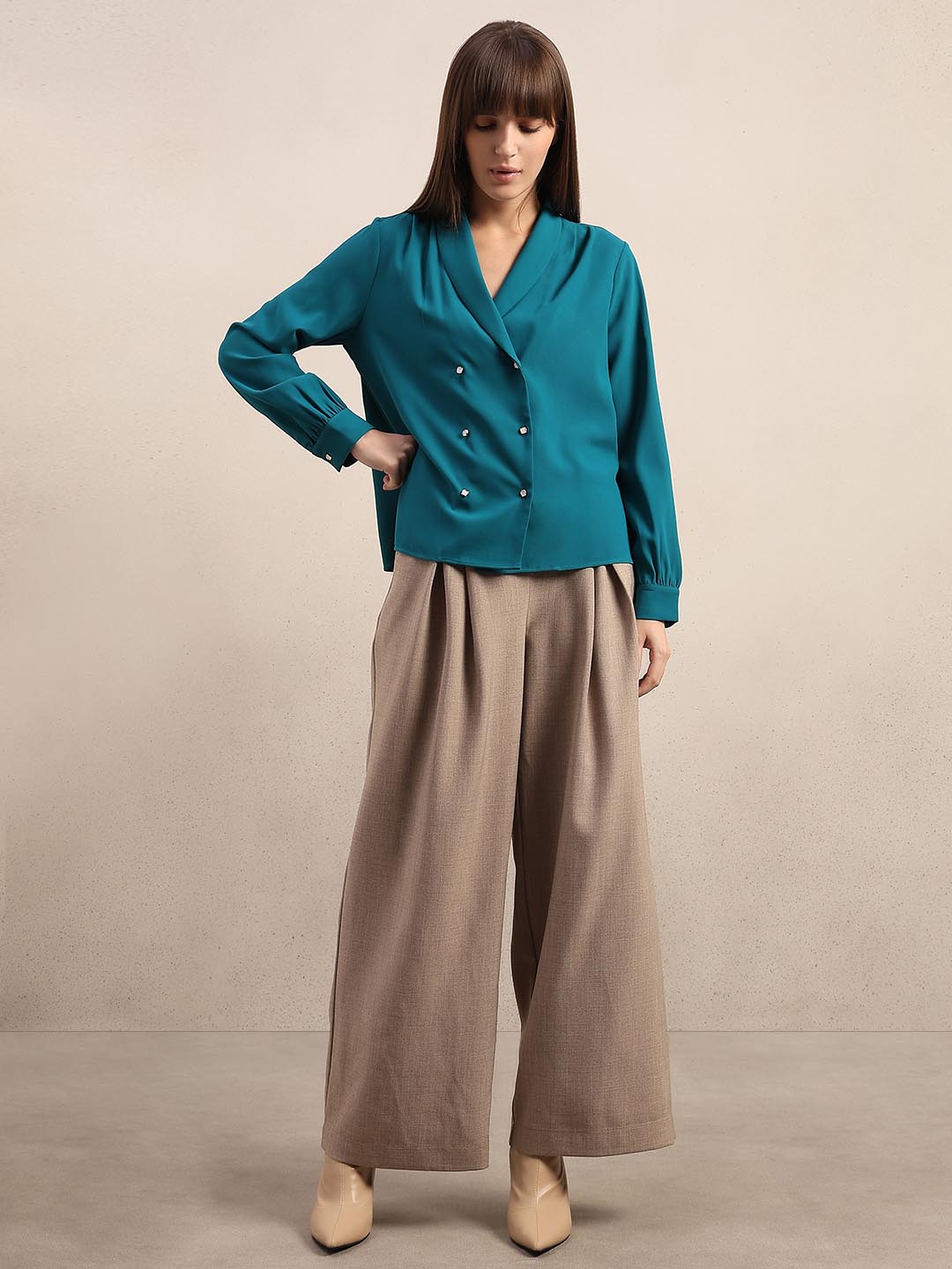 Teal Gathered Sleeves Top