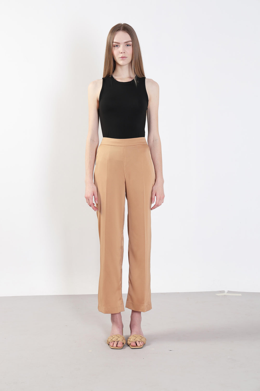 Beige High Rise Straight Fit Pants