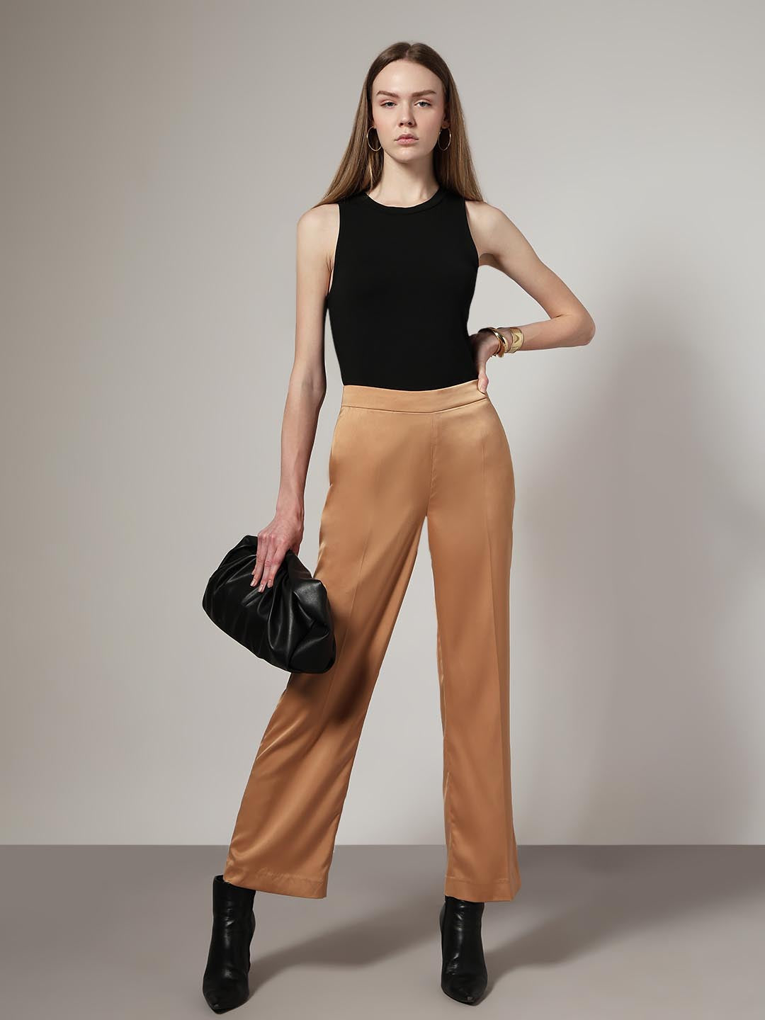 Beige High Rise Straight Fit Pants
