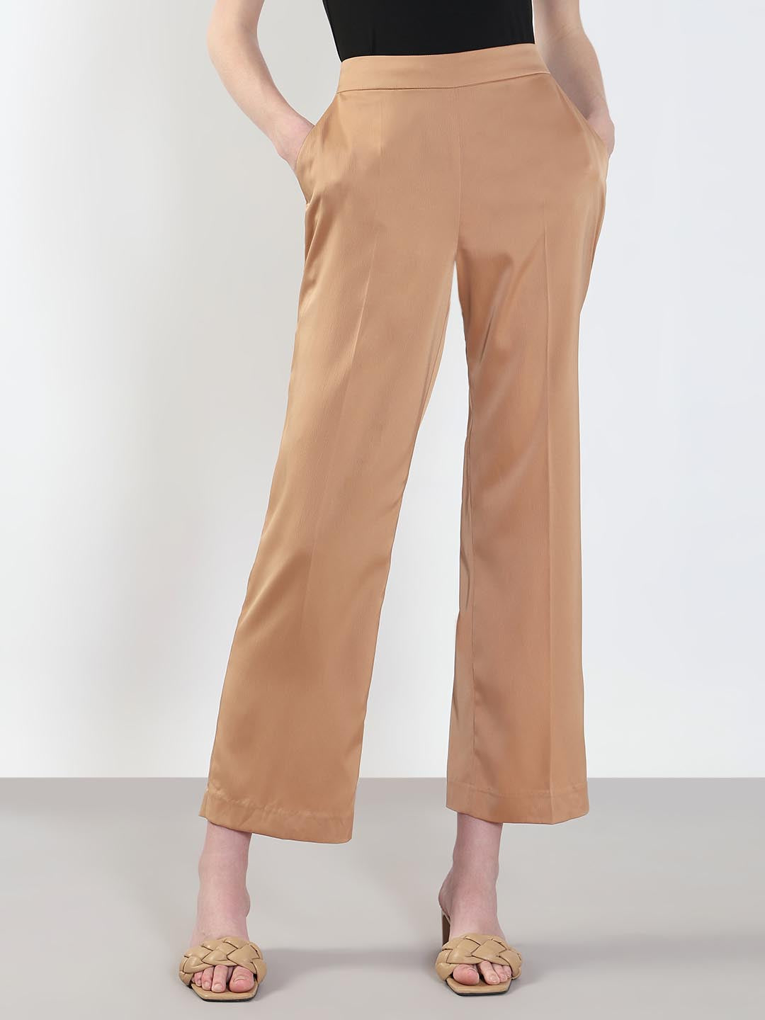 Beige High Rise Straight Fit Pants