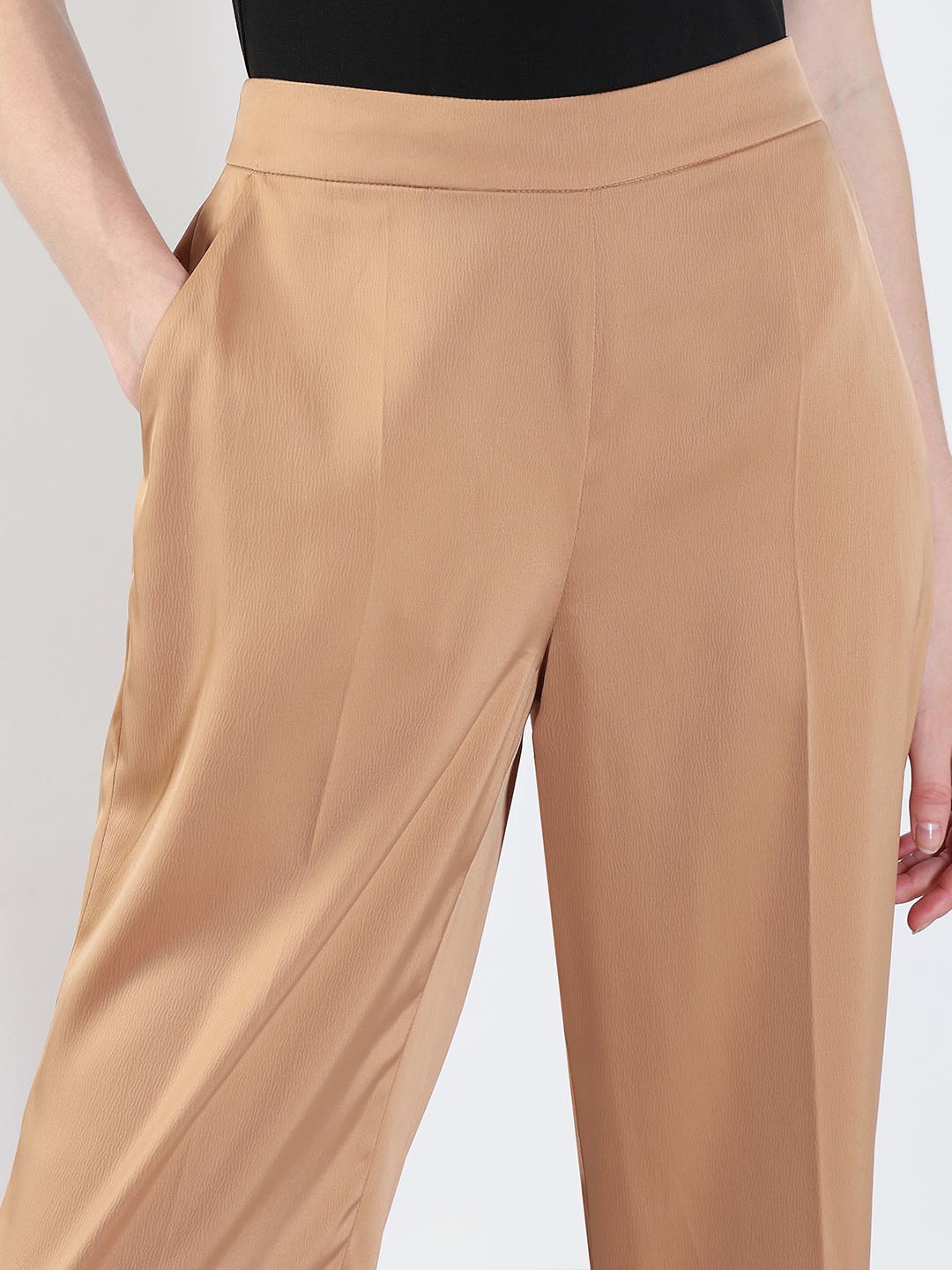 Beige High Rise Straight Fit Pants