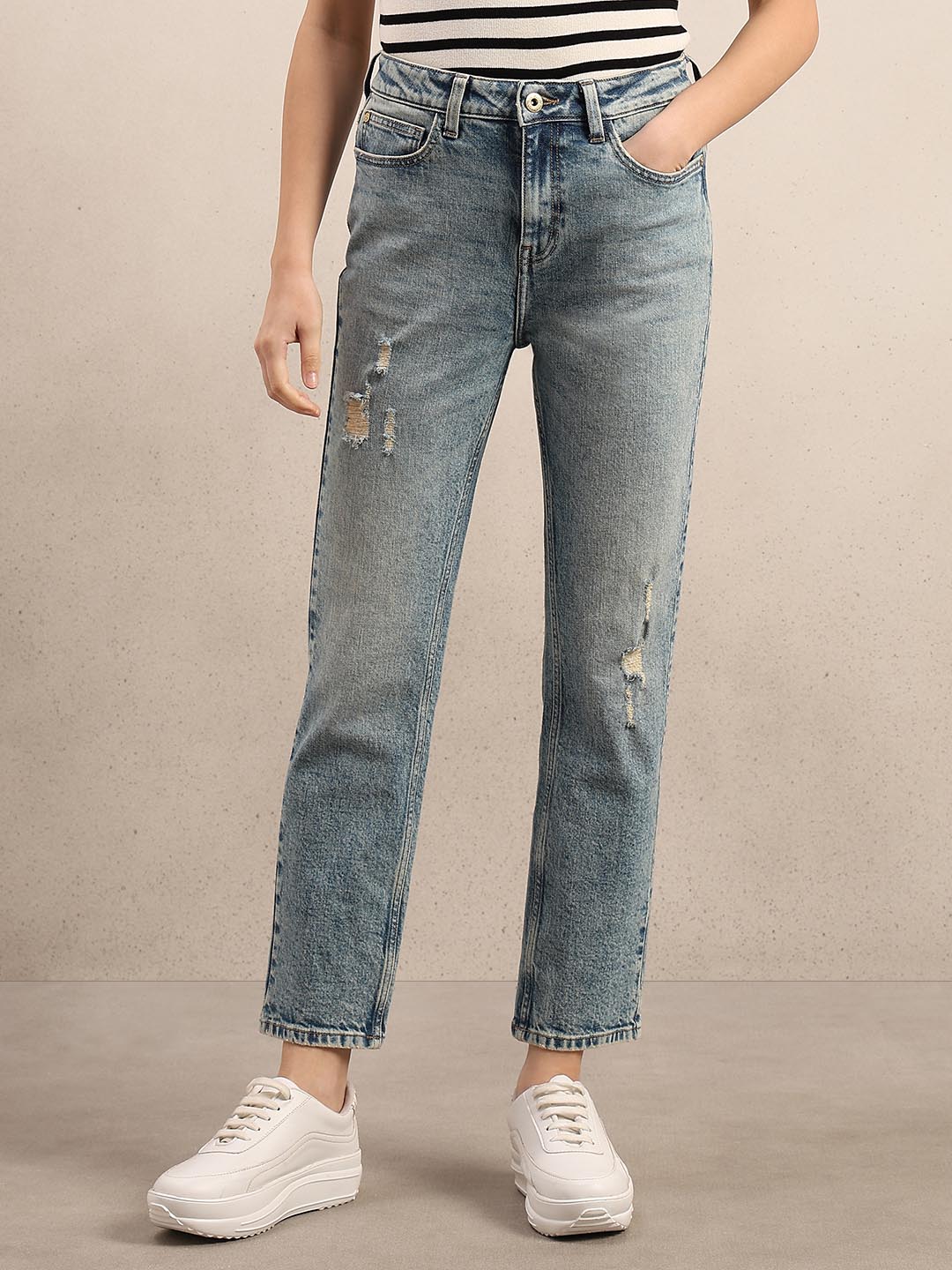 Light Blue Distressed Straight Fit Jeans