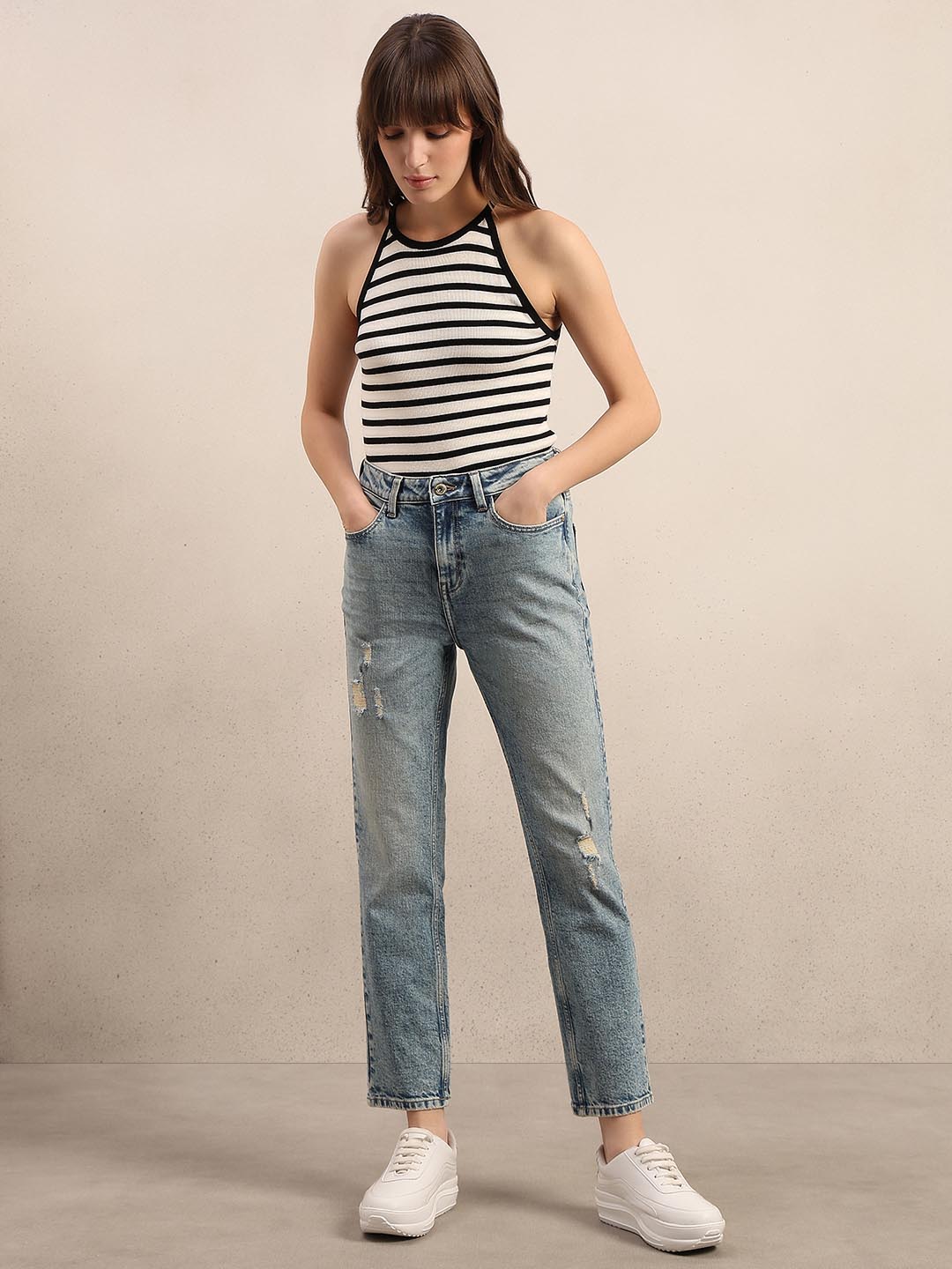 Light Blue Distressed Straight Fit Jeans