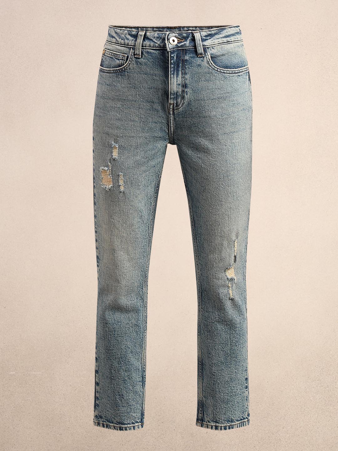Light Blue Distressed Straight Fit Jeans