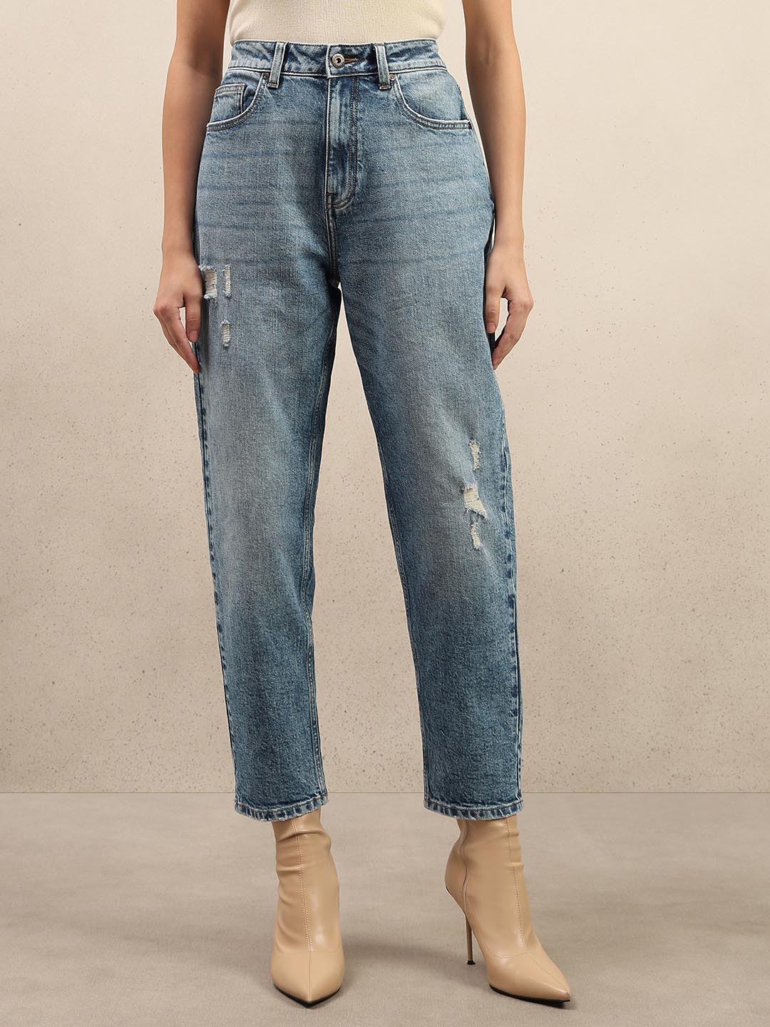 Blue Mid Rise Mom Fit Jeans