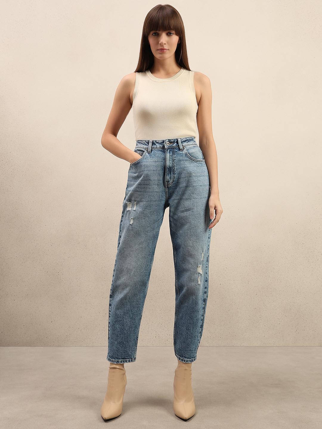 Blue Mid Rise Mom Fit Jeans