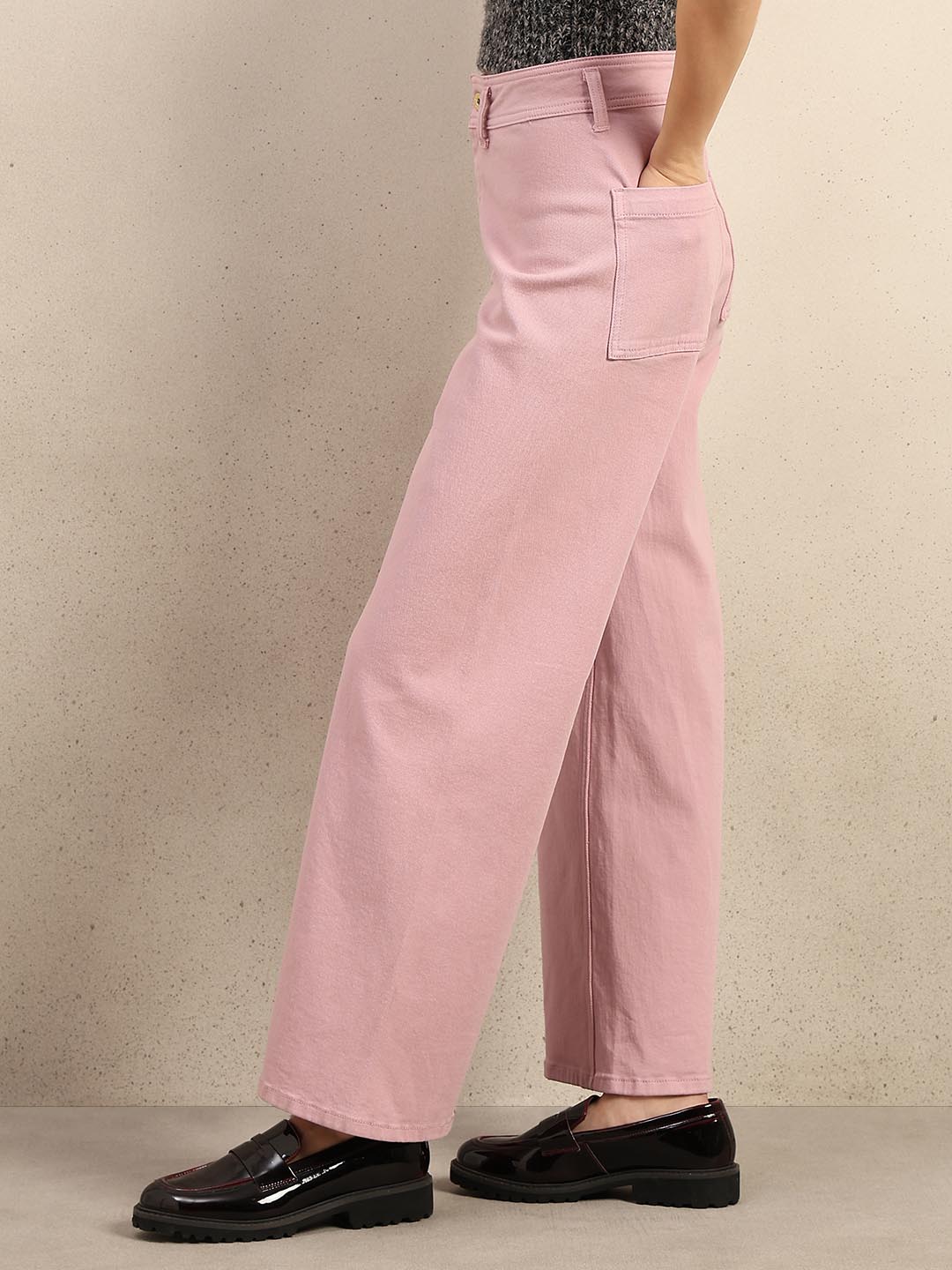 Pink Wide Leg Mid Rise Jeans