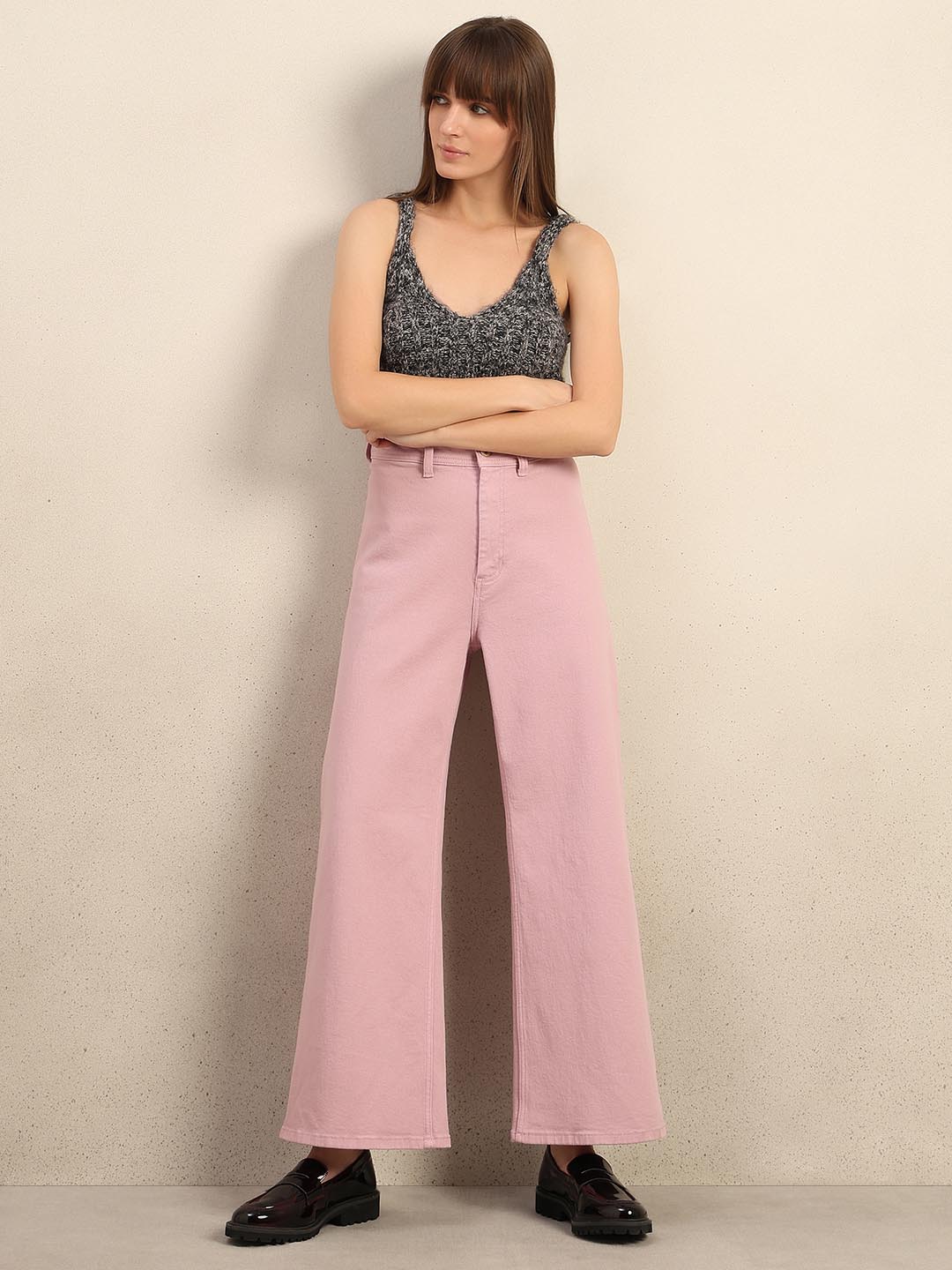 Pink Wide Leg Mid Rise Jeans