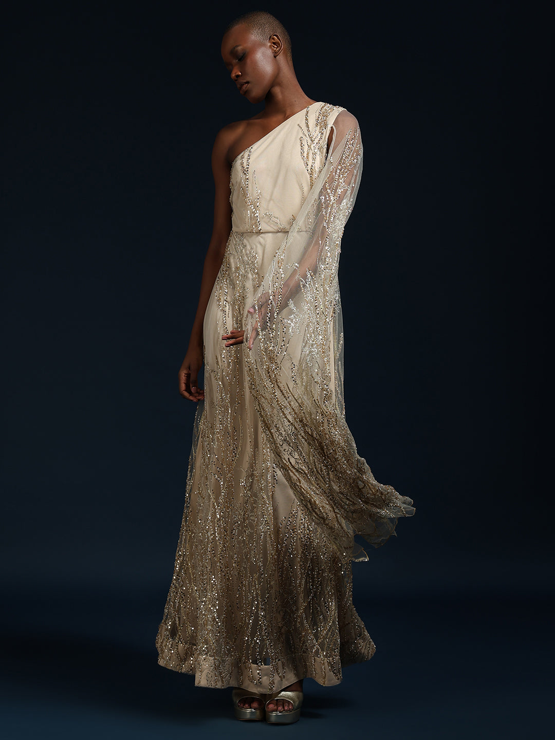 Marquee One-Shoulder Embellished Gown