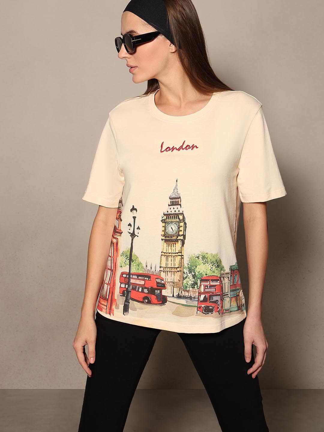 Ecru Printed Cotton T-shirt - M
