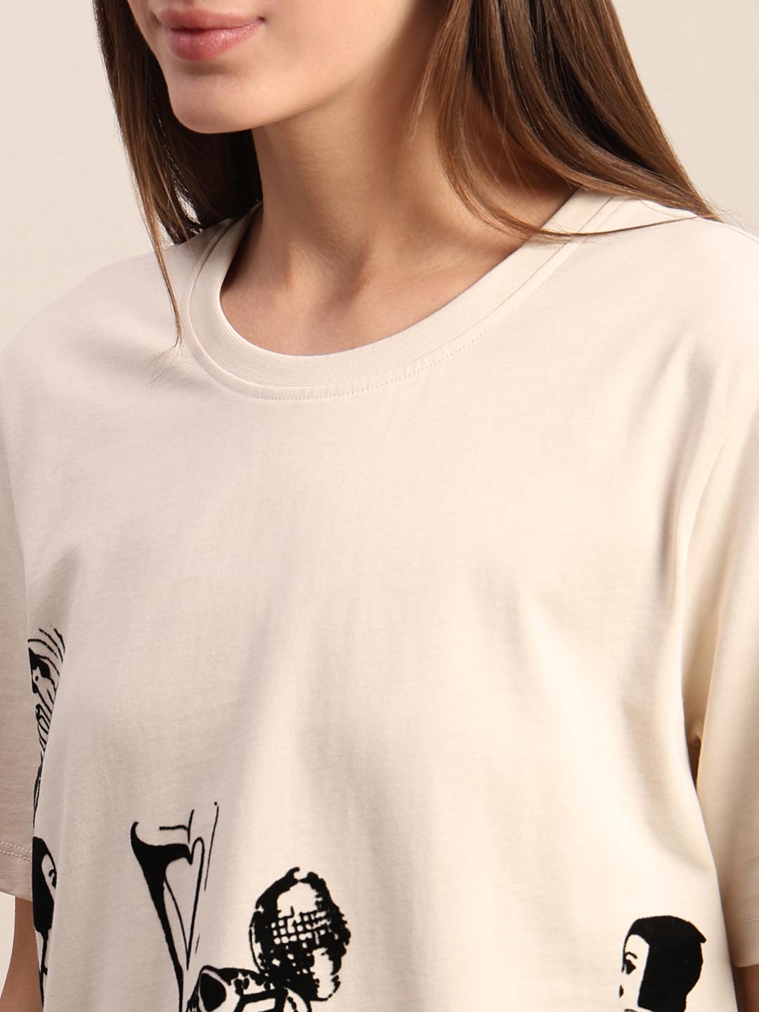 Ecru Printed Cotton T-shirt