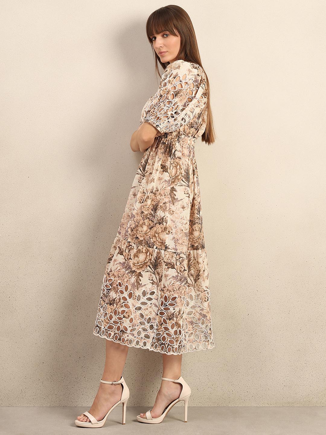 Ecru Printed Cut-Work Detail Dress