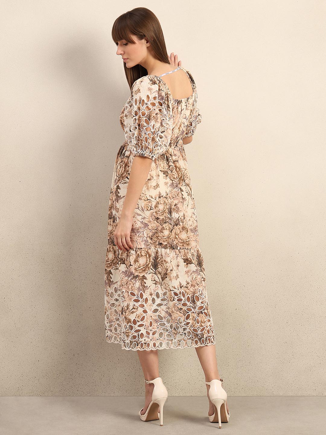Ecru Printed Cut-Work Detail Dress
