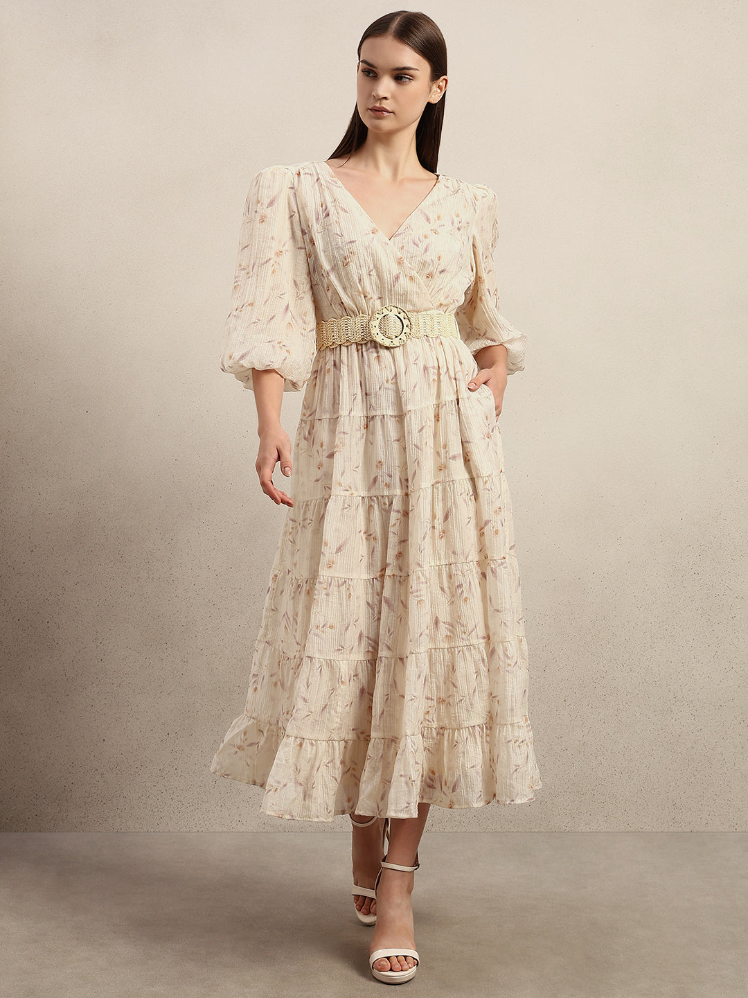 Ecru Floral Midi Dress