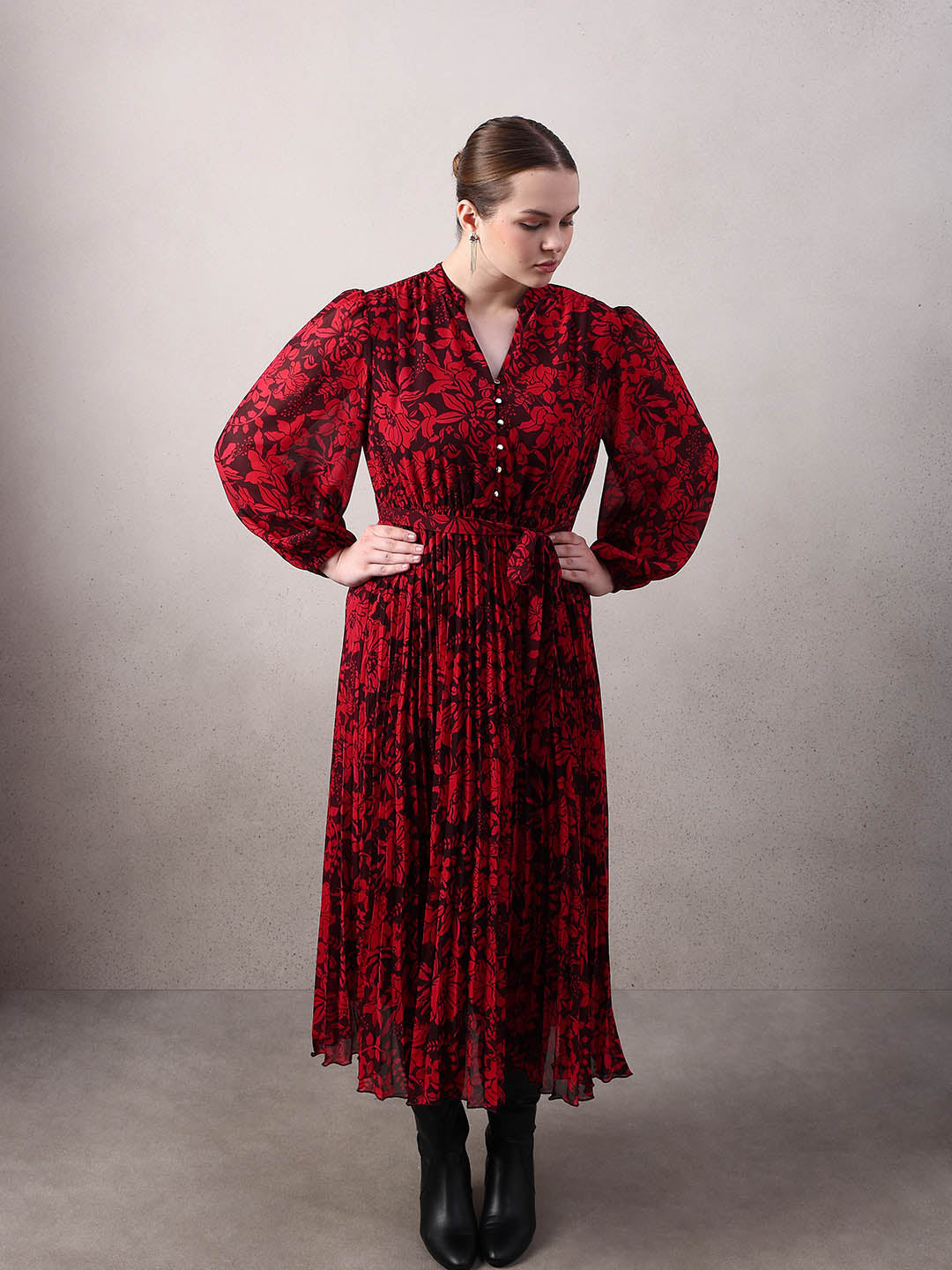 Curve Red Floral Pleated Midi Dress