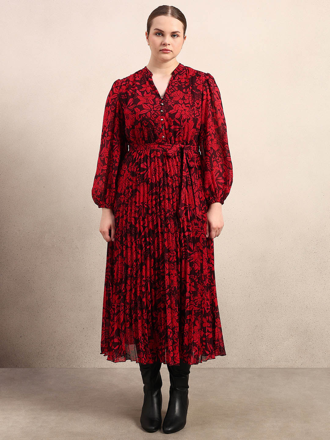 Curve Red Floral Pleated Midi Dress