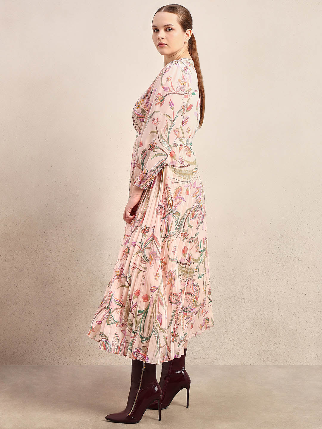 Curve Peach Floral Pleated Dress