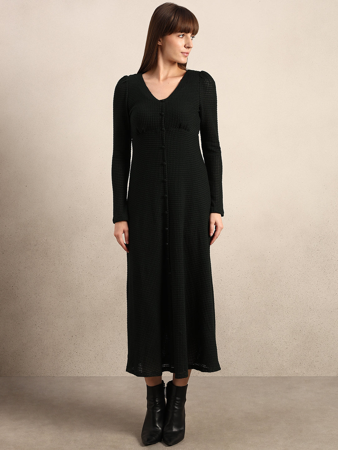 Button Detail V-Neck Midi Dress