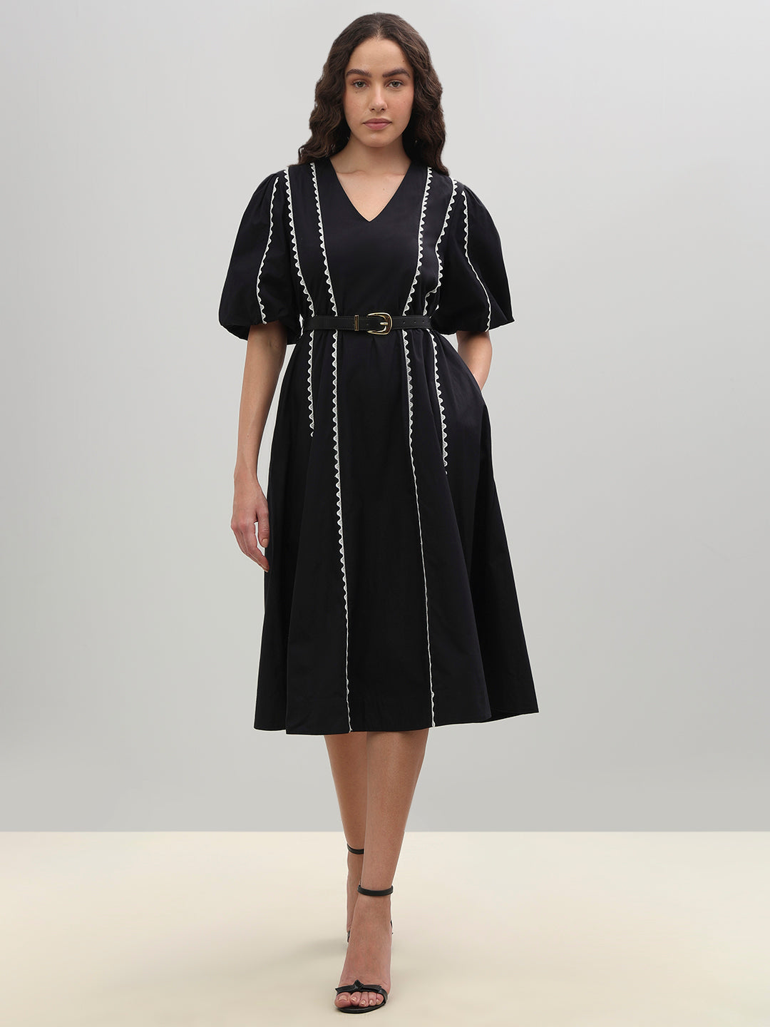 V-Neck Contrast Stitch Midi Dress