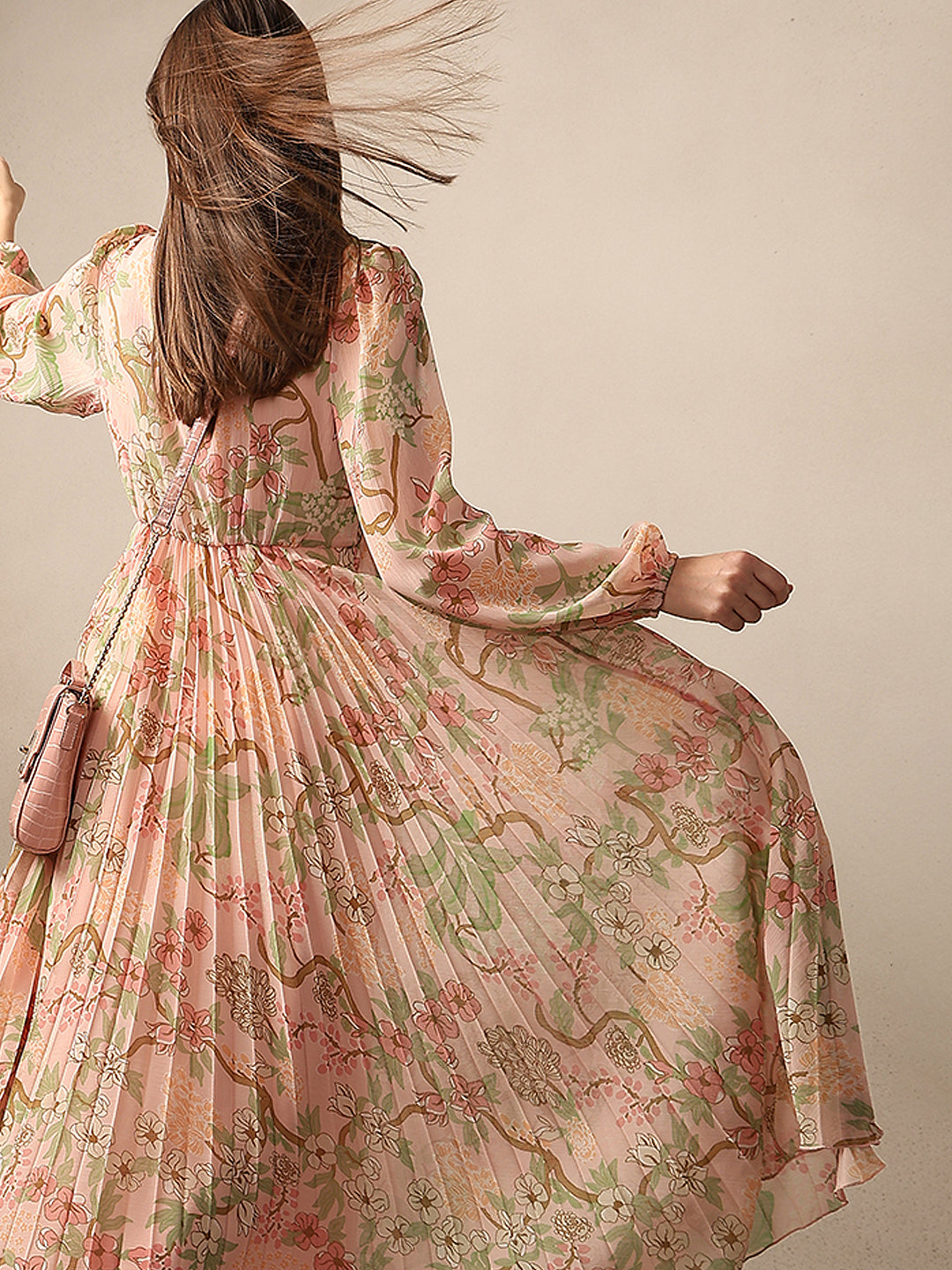 Pleated Floral V-Neck Dress